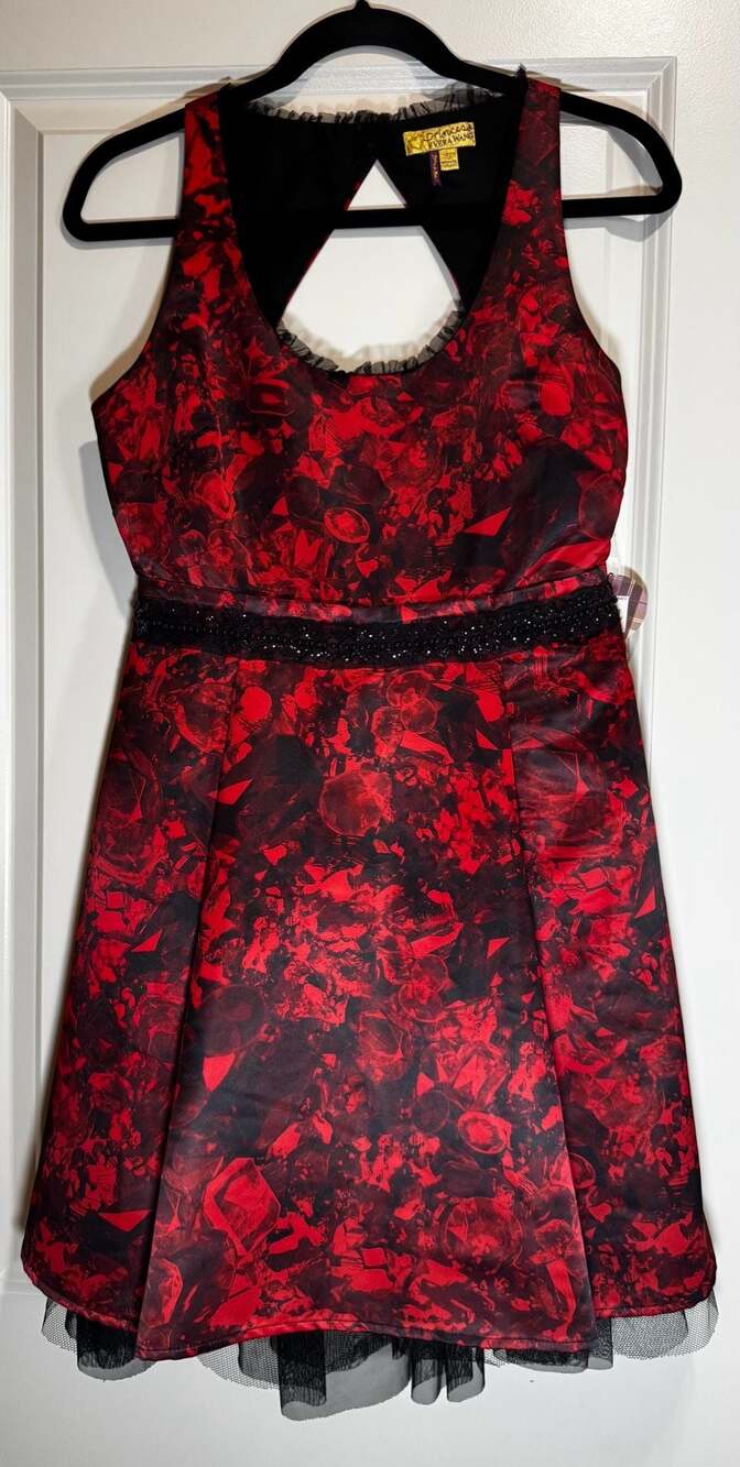 Princess Vera Wang Red and Black Gem Halter Dress w/ Beaded Waist and Tulle